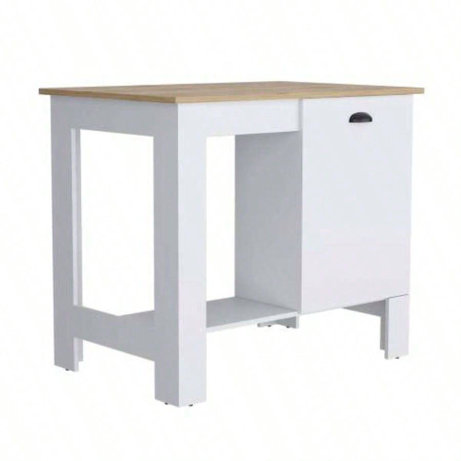 Kitchen Island 35 H, One Storage Cabinet with Door, Two Internal Shelves, One Open storage Shelf, White/Macadamia