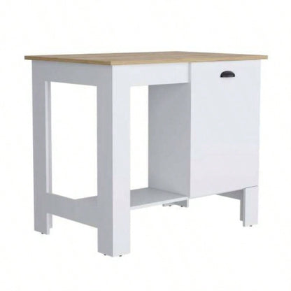 Kitchen Island 35 H, One Storage Cabinet with Door, Two Internal Shelves, One Open storage Shelf, White/Macadamia