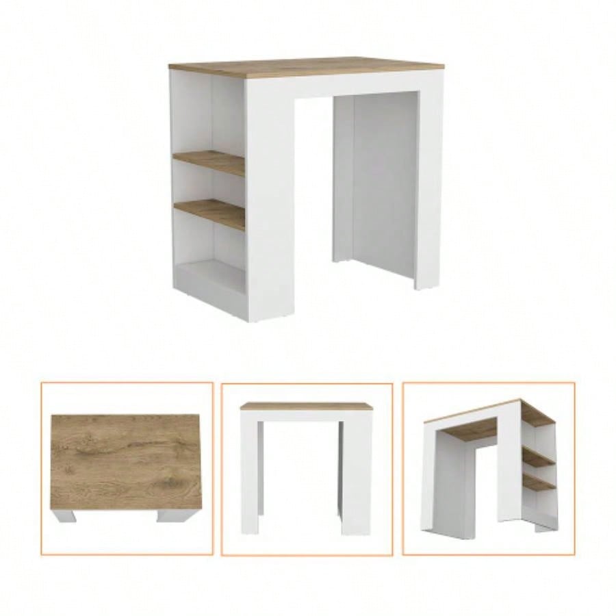 Kitchen Island Doyle, Three Side Shelves, White and Light Oak