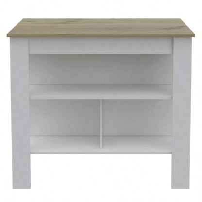 Kitchen Island, Kitchen Table 35 H, Three Open Storage Shelves, Four, White/Light Oak