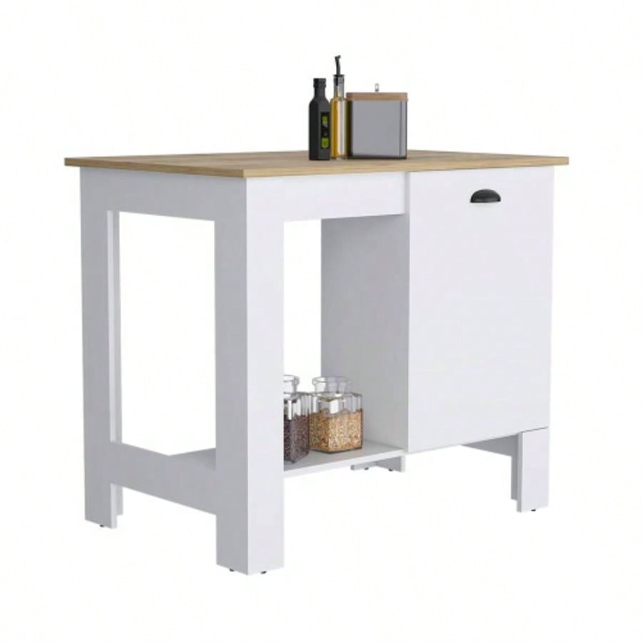 Kitchen Island 35 H, One Storage Cabinet with Door, Two Internal Shelves, One Open storage Shelf, White/Macadamia