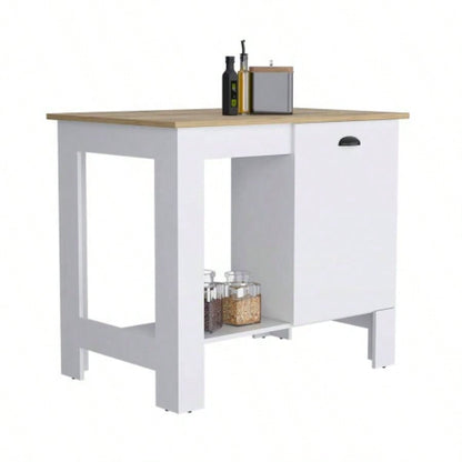 Kitchen Island 35 H, One Storage Cabinet with Door, Two Internal Shelves, One Open storage Shelf, White/Macadamia
