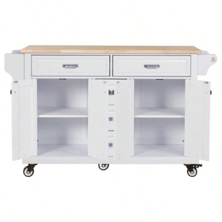 Kitchen Island with Rubber wood Countertop, Kitchen Cart on 5 Wheels with Storage Cabinet and 5 Drawers Dinning Room, White