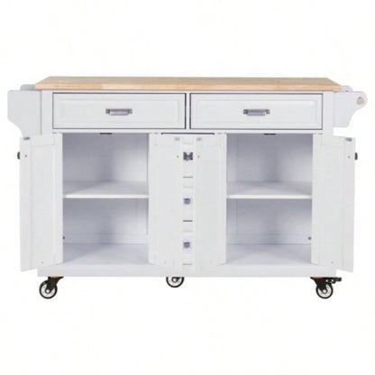 Kitchen Island with Rubber wood Countertop, Kitchen Cart on 5 Wheels with Storage Cabinet and 5 Drawers Dinning Room, White