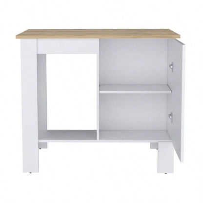 Kitchen Island 35 H, One Storage Cabinet with Door, Two Internal Shelves, One Open storage Shelf, White/Macadamia