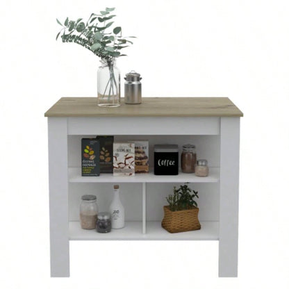 Kitchen Island, Kitchen Table 35 H, Three Open Storage Shelves, Four, White/Light Oak