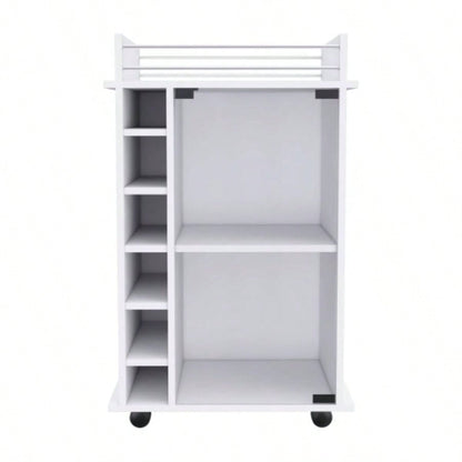 Bar Cart, Glass Door, Four Casters, Two Shelves, White