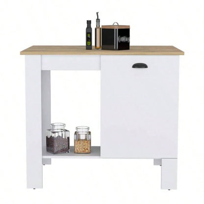 Kitchen Island 35 H, One Storage Cabinet with Door, Two Internal Shelves, One Open storage Shelf, White/Macadamia