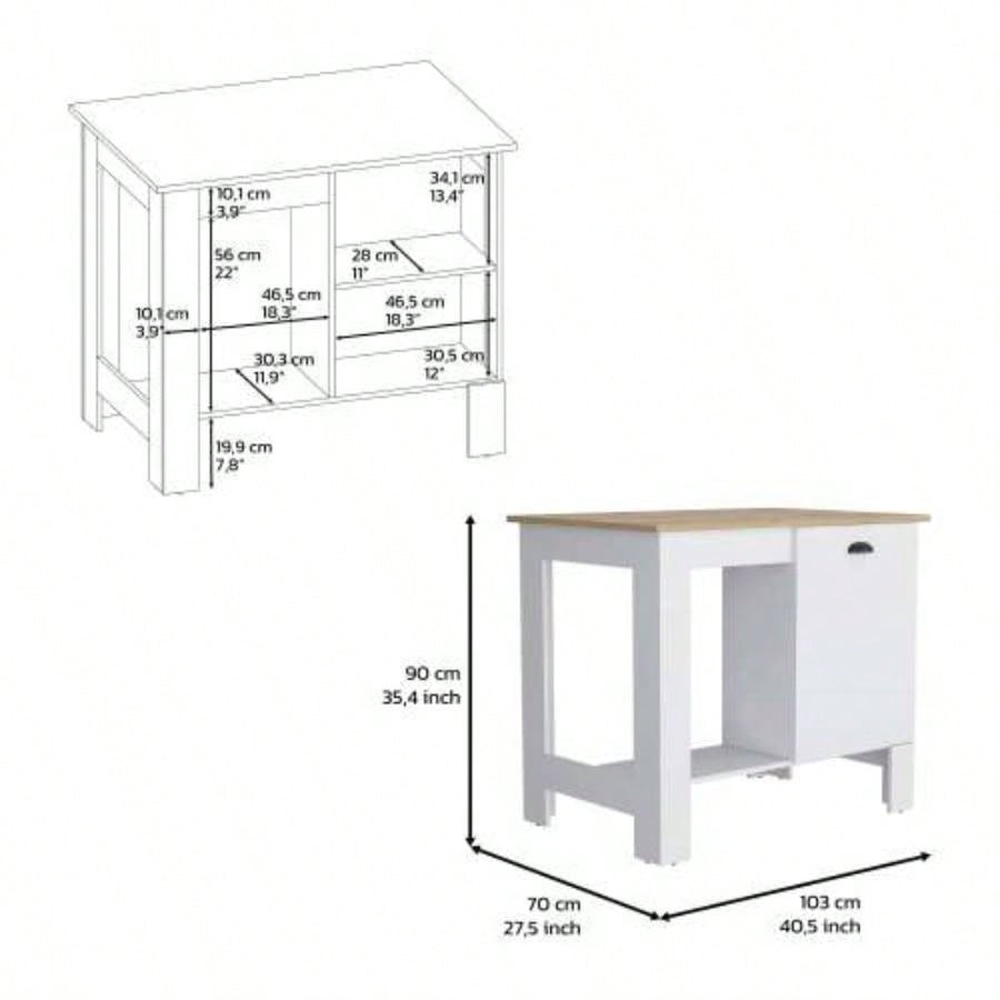 Kitchen Island 35 H, One Storage Cabinet with Door, Two Internal Shelves, One Open storage Shelf, White/Macadamia