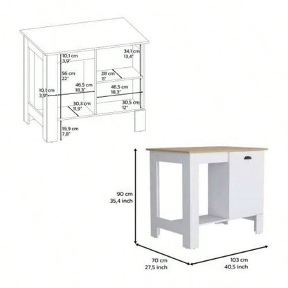 Kitchen Island 35 H, One Storage Cabinet with Door, Two Internal Shelves, One Open storage Shelf, White/Macadamia