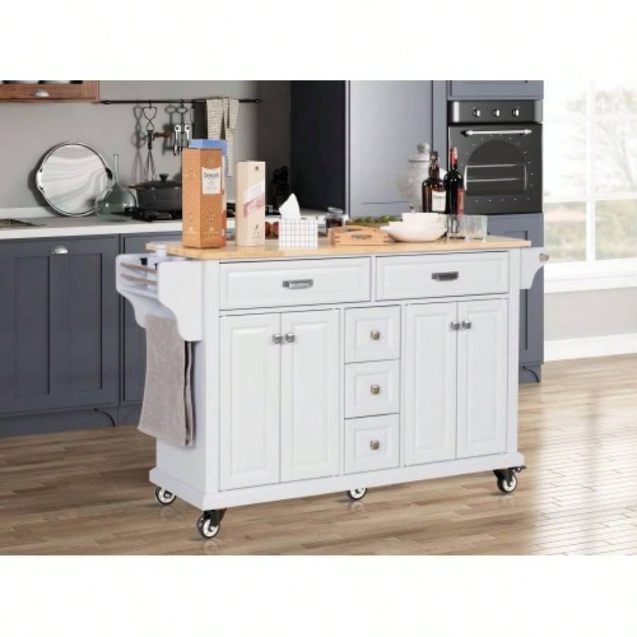 Kitchen Island with Rubber wood Countertop, Kitchen Cart on 5 Wheels with Storage Cabinet and 5 Drawers Dinning Room, White