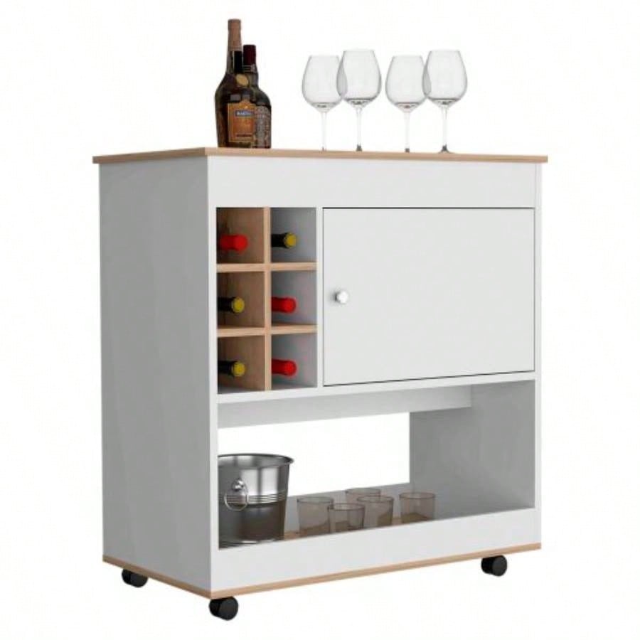 Bar Cart, Six Bottle Cubbies, One Cabinet, Four Casters, Light Oak/ White