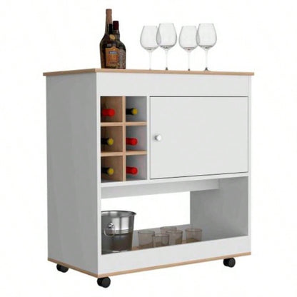 Bar Cart, Six Bottle Cubbies, One Cabinet, Four Casters, Light Oak/ White