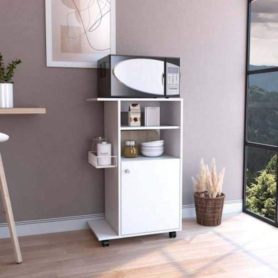 Modern Kitchen Cart 39 H, Single Door Cabinet, Four Wheels, One Side Shelf, White