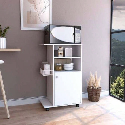 Modern Kitchen Cart 39 H, Single Door Cabinet, Four Wheels, One Side Shelf, White