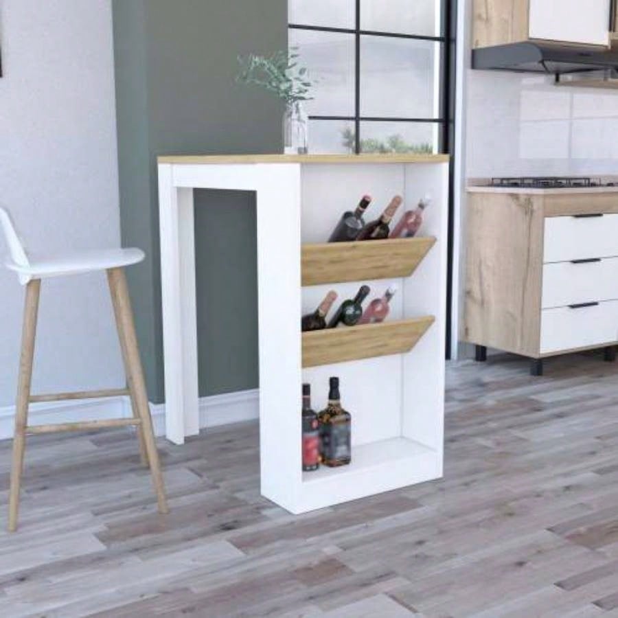 Kitchen Island 41 H, 2 Bottle Organizer and Shelf, White/ Macadamia
