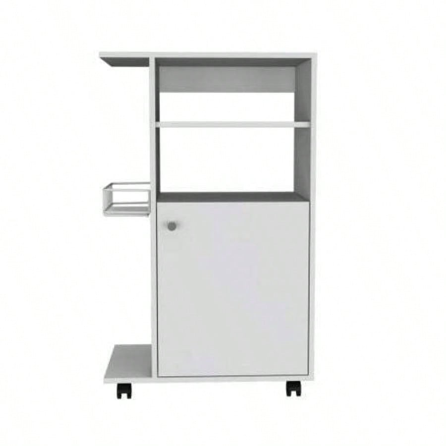 Modern Kitchen Cart 39 H, Single Door Cabinet, Four Wheels, One Side Shelf, White