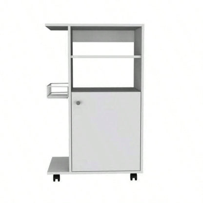 Modern Kitchen Cart 39 H, Single Door Cabinet, Four Wheels, One Side Shelf, White