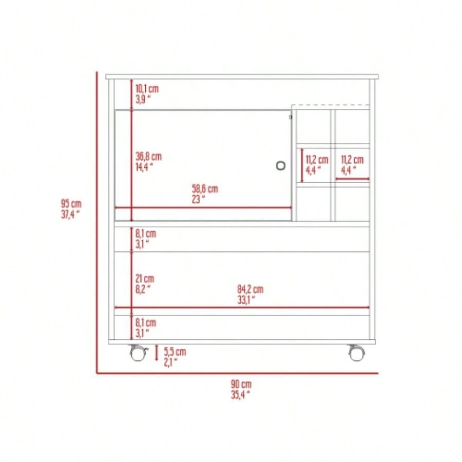 Bar Cart, Six Bottle Cubbies, One Cabinet, Four Casters, Light Oak/ White