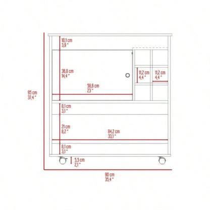 Bar Cart, Six Bottle Cubbies, One Cabinet, Four Casters, Light Oak/ White