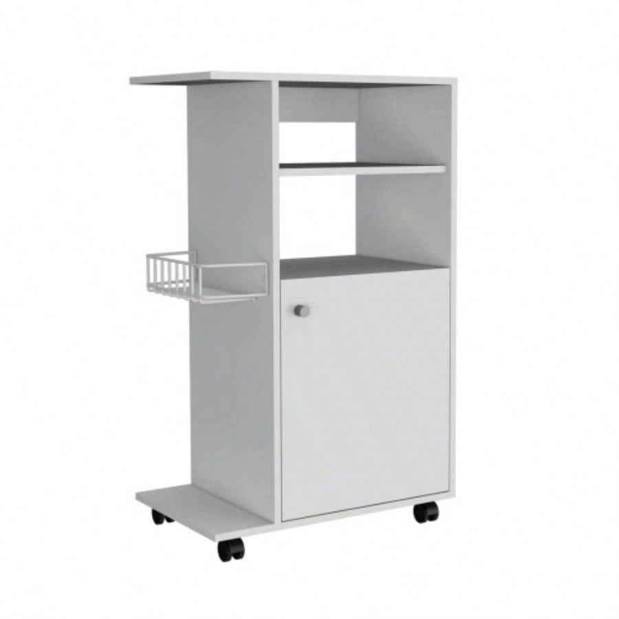 Modern Kitchen Cart 39 H, Single Door Cabinet, Four Wheels, One Side Shelf, White