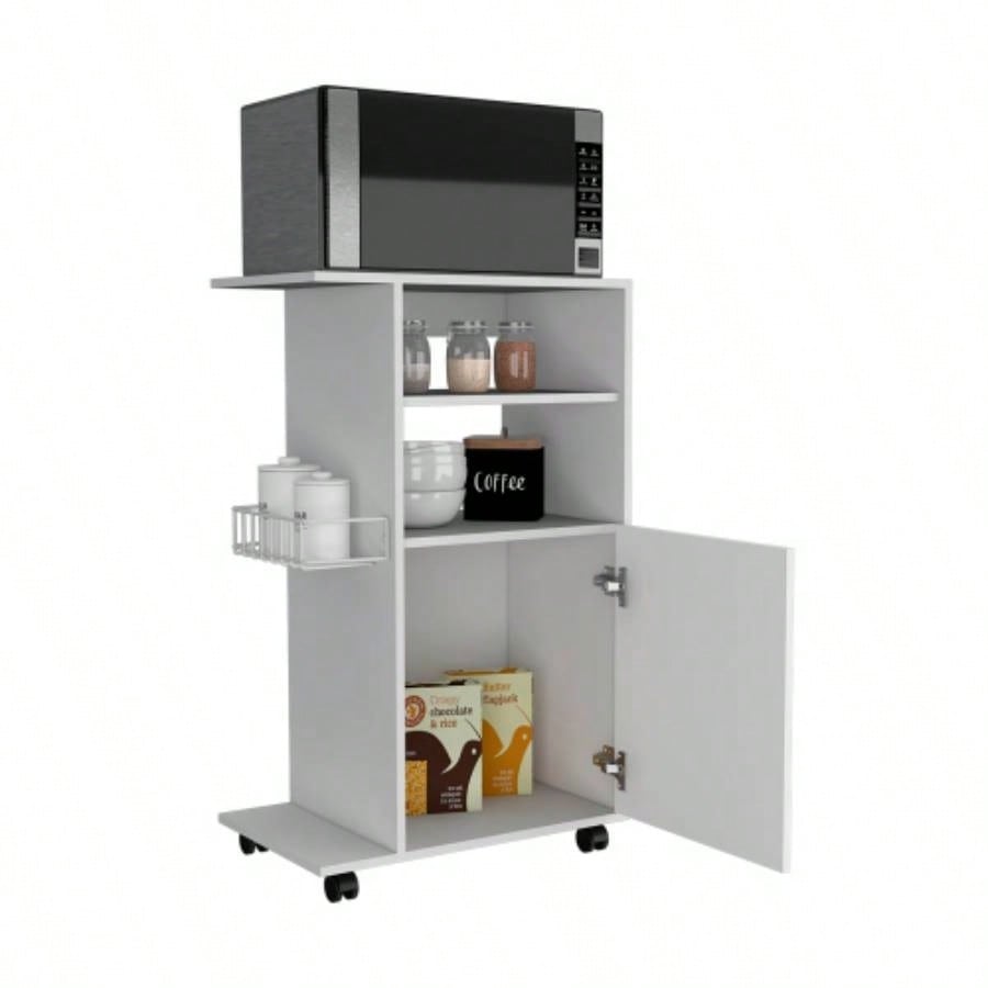 Modern Kitchen Cart 39 H, Single Door Cabinet, Four Wheels, One Side Shelf, White