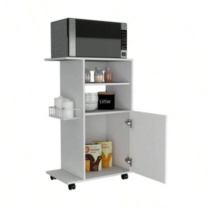 Modern Kitchen Cart 39 H, Single Door Cabinet, Four Wheels, One Side Shelf, White