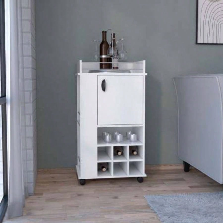Bar Cart with 6 Built - in Wine Rack and Casters, White