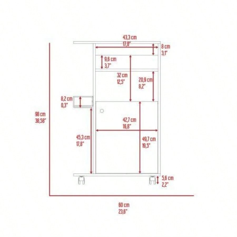 Modern Kitchen Cart 39 H, Single Door Cabinet, Four Wheels, One Side Shelf, White