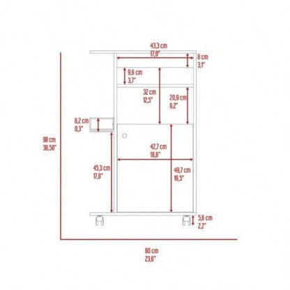Modern Kitchen Cart 39 H, Single Door Cabinet, Four Wheels, One Side Shelf, White