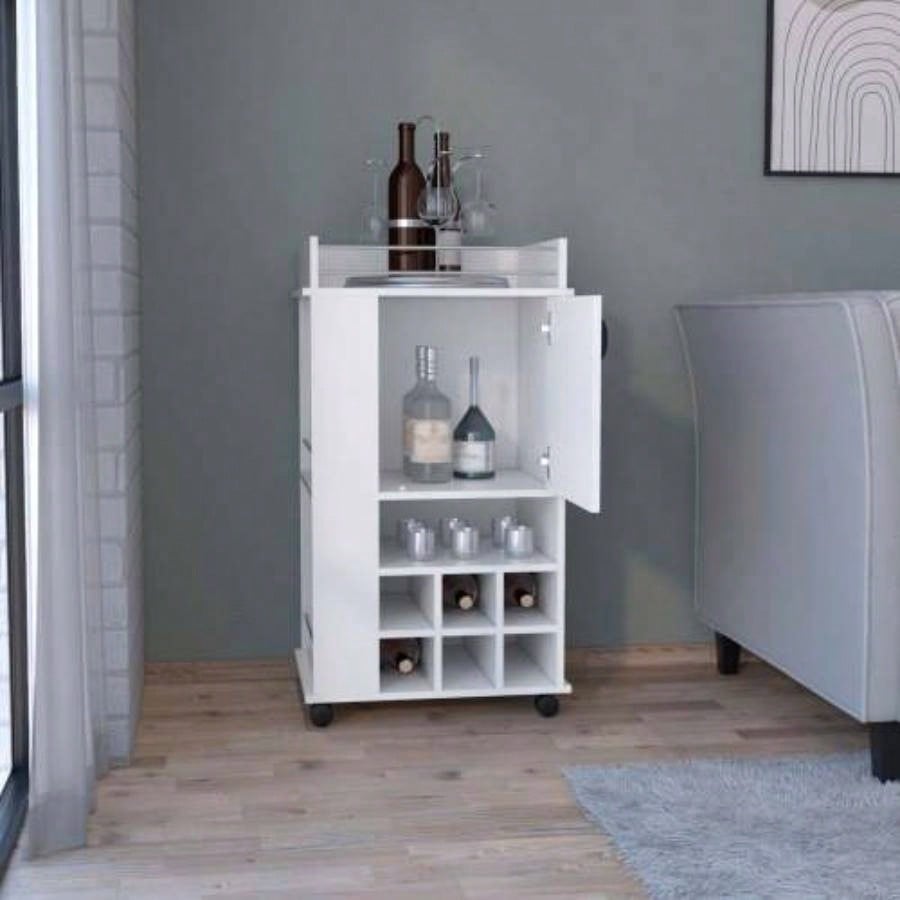 Bar Cart with 6 Built - in Wine Rack and Casters, White
