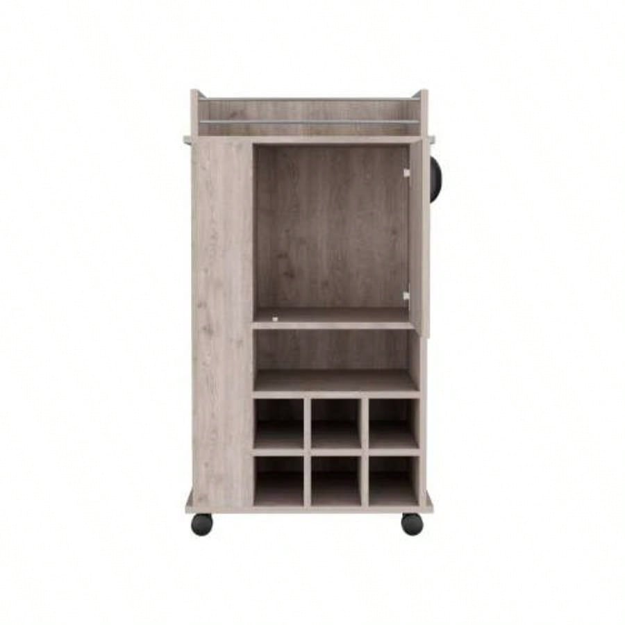 Bar Cart with 6 Built - in Wine Rack and Casters, Light Gray