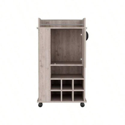Bar Cart with 6 Built - in Wine Rack and Casters, Light Gray
