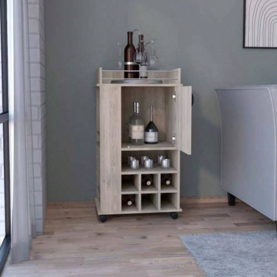 Bar Cart with 6 Built - in Wine Rack and Casters, Light Gray