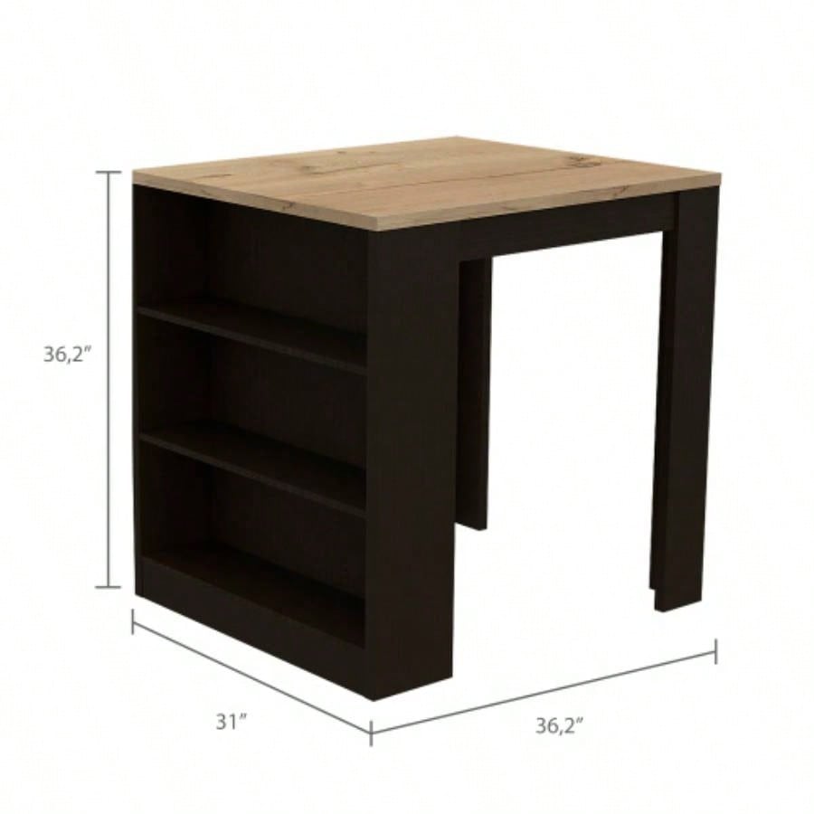 Kitchen Island Table, Two, Three Side Shelves, Black/ Pine
