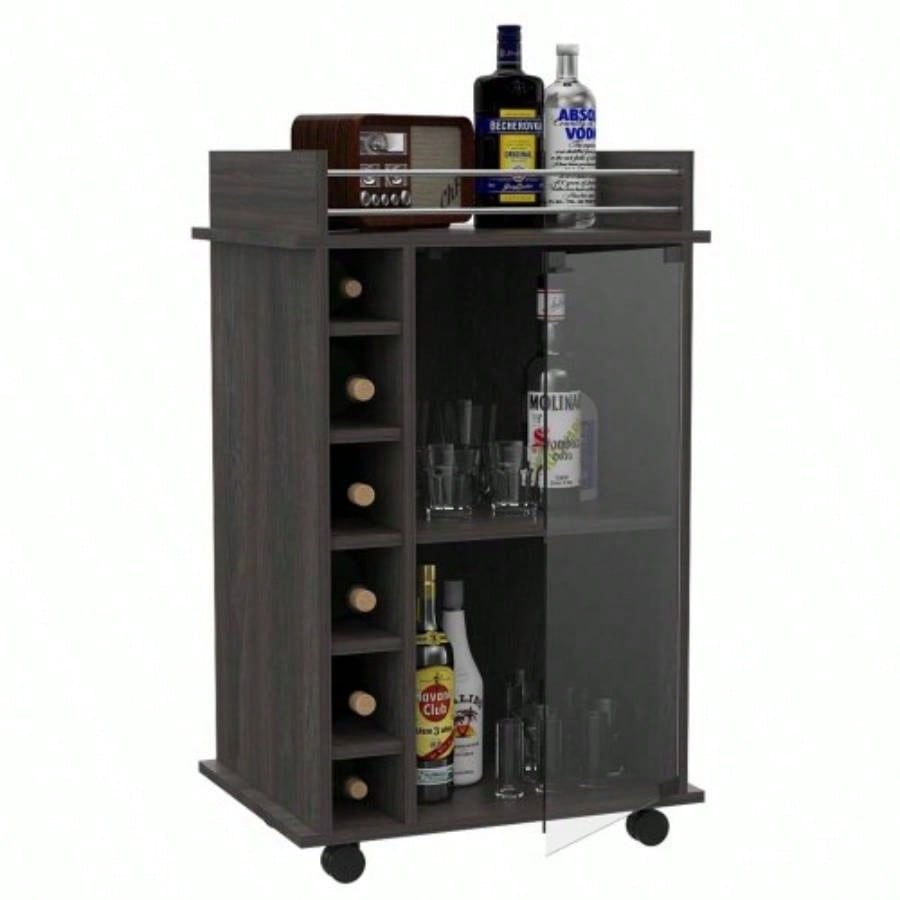Bar Cart, Glass Door, Four Casters, Two Shelves, Carbon Espresso