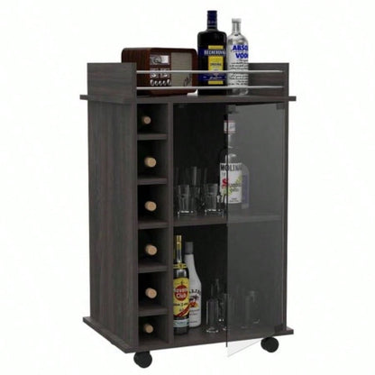 Bar Cart, Glass Door, Four Casters, Two Shelves, Carbon Espresso