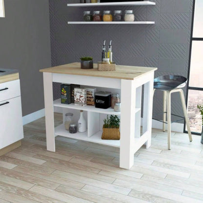 Kitchen Island Dozza, Three Shelves, White/ Light Oak
