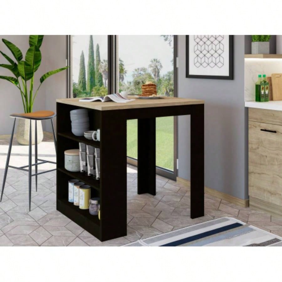 Kitchen Island Table, Two, Three Side Shelves, Black/ Pine