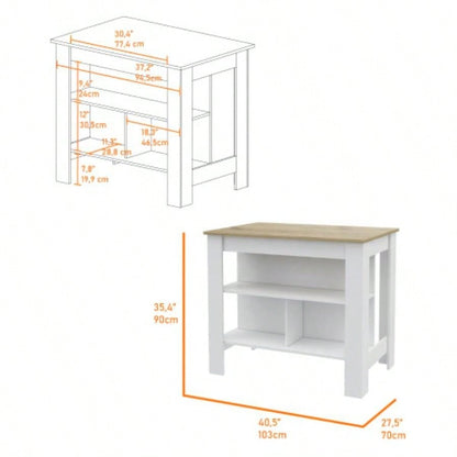 Kitchen Island Dozza, Three Shelves, White/ Light Oak