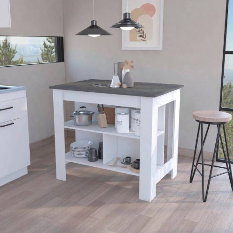 Kitchen Island Dozza, Three Shelves, White/ Onyx