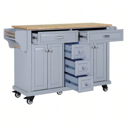 Kitchen Island with Rubber wood Countertop, Kitchen Cart on 5 Wheels with Storage Cabinet and 5 Drawers Dinning Room,