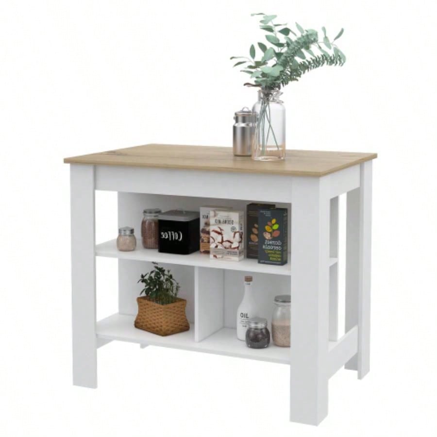 Kitchen Island Dozza, Three Shelves, White/ Light Oak