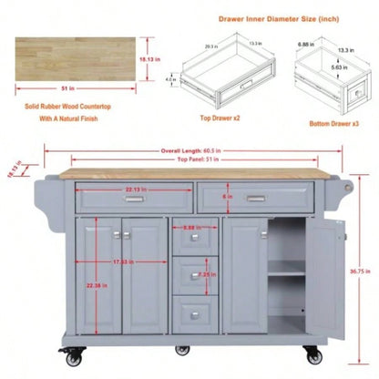 Kitchen Island with Rubber wood Countertop, Kitchen Cart on 5 Wheels with Storage Cabinet and 5 Drawers Dinning Room,