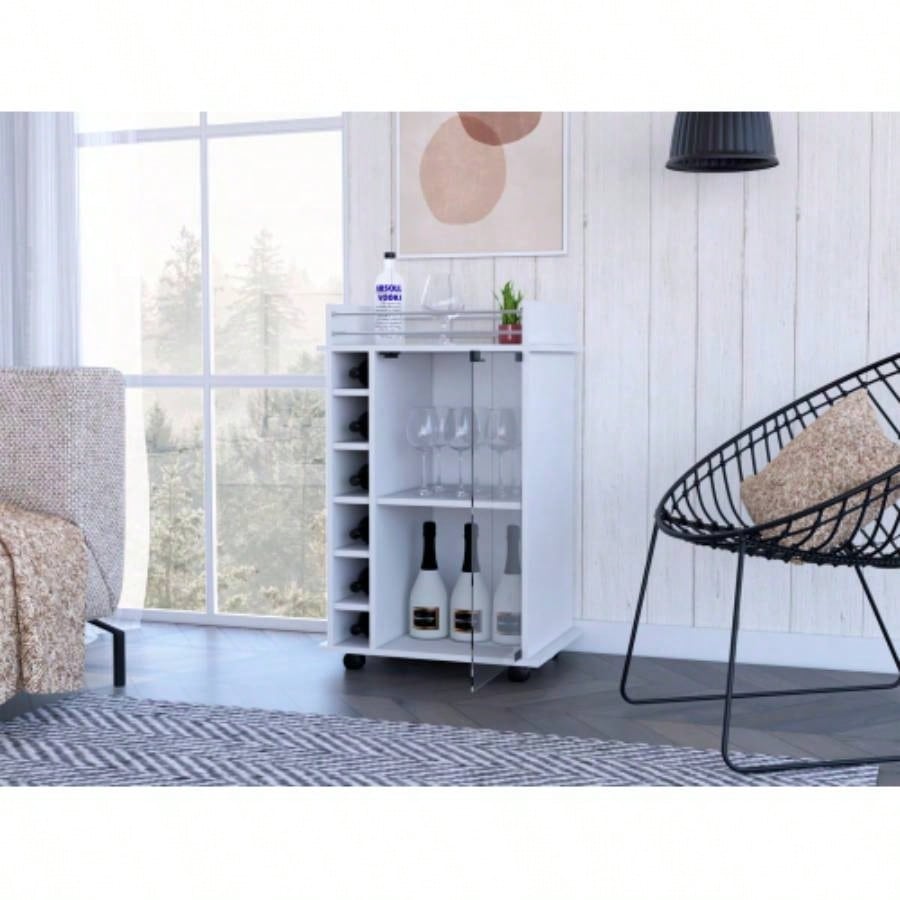 Bar Cart Baltimore, Six Wine Cubbies, Glass Door, Four Caster, Two Shelves, White
