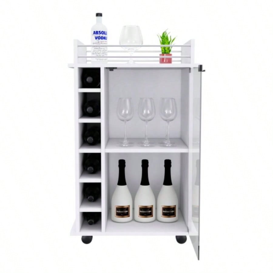 Bar Cart Baltimore, Six Wine Cubbies, Glass Door, Four Caster, Two Shelves, White