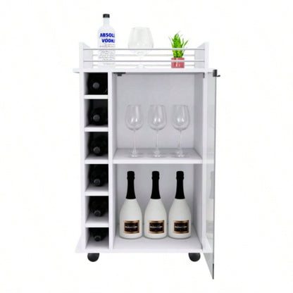 Bar Cart Baltimore, Six Wine Cubbies, Glass Door, Four Caster, Two Shelves, White