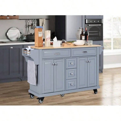 Kitchen Island with Rubber wood Countertop, Kitchen Cart on 5 Wheels with Storage Cabinet and 5 Drawers Dinning Room,
