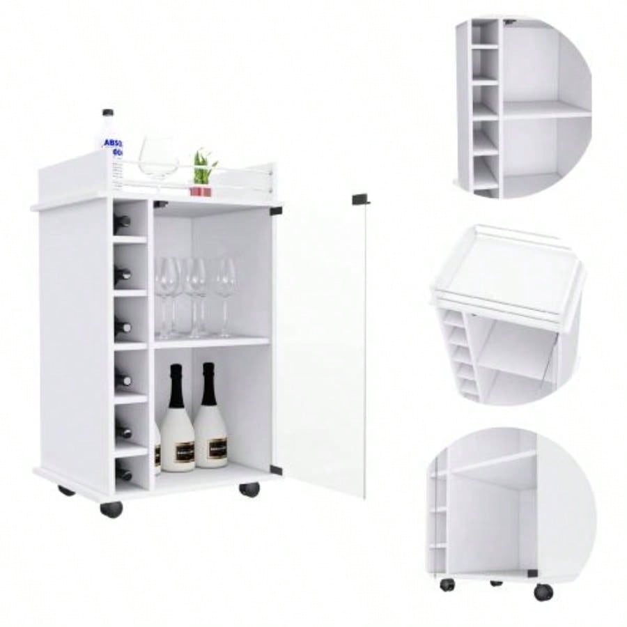Bar Cart Baltimore, Six Wine Cubbies, Glass Door, Four Caster, Two Shelves, White