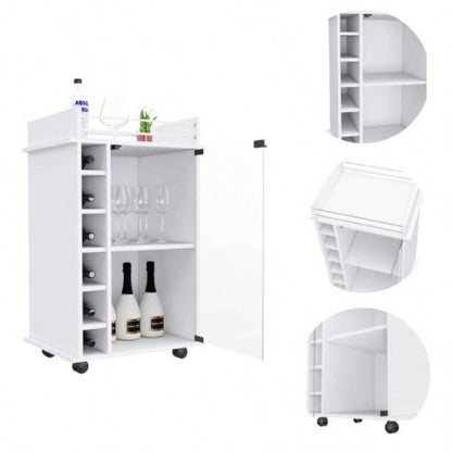 Bar Cart Baltimore, Six Wine Cubbies, Glass Door, Four Caster, Two Shelves, White